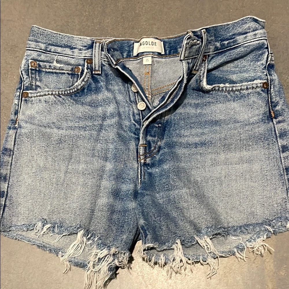 Agolde Light Blue Frayed Jean Shorts